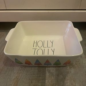Rae Dunn HOLLY JOLLY baking dish with water color tree design